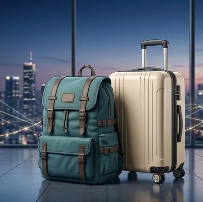 A rucksack and a hard-shell cabin case side by side in a terminal