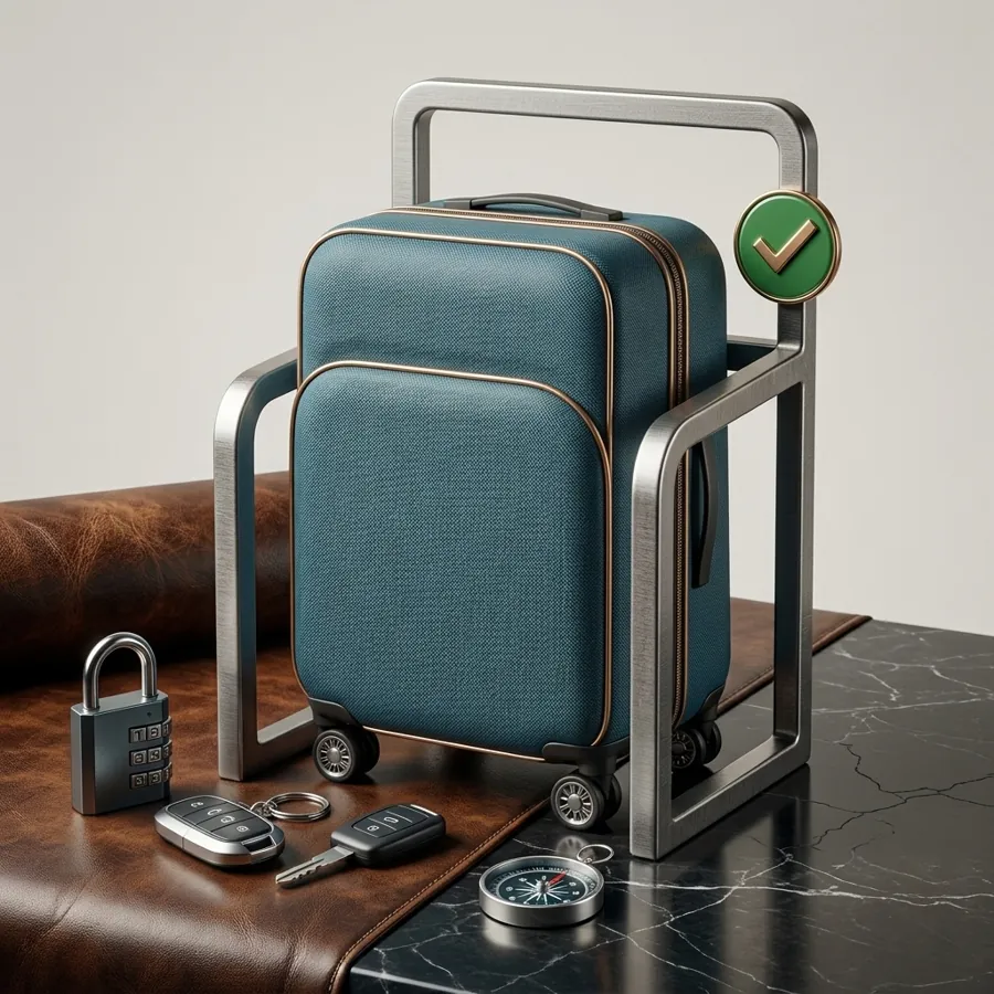 A cabin case standing inside a gate sizer frame next to a padlock and keys